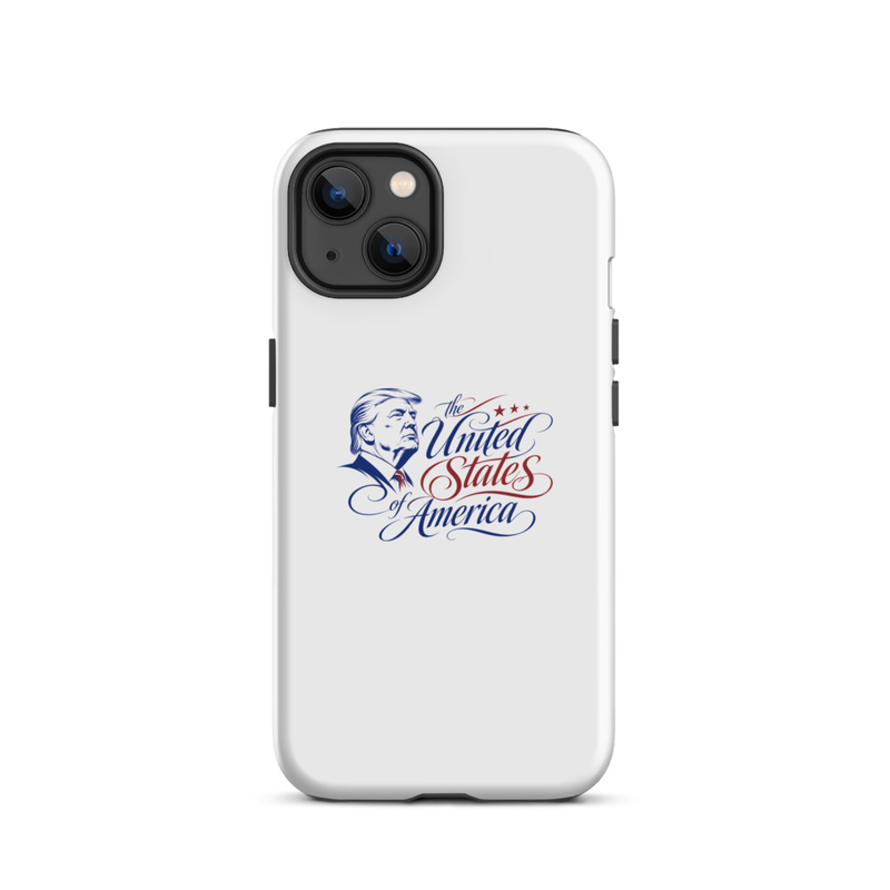 White tough iPhone case with Trump 'The United States of America' design, diagonal dual-camera cutout