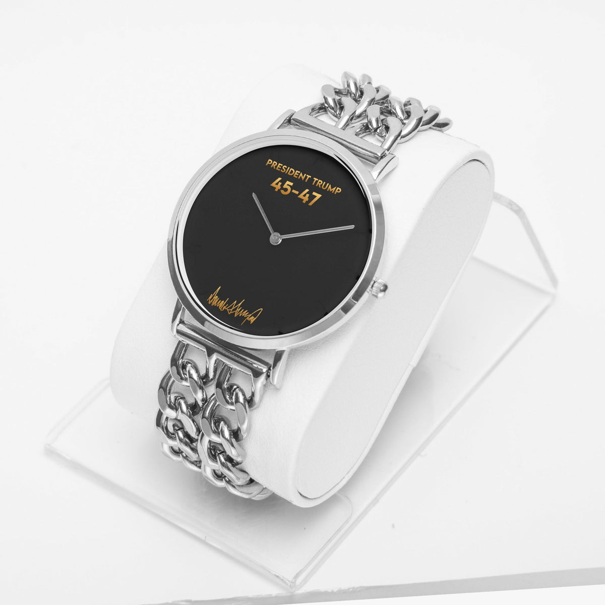 President Trump 45-47 silver chain-link strap watch on a display stand