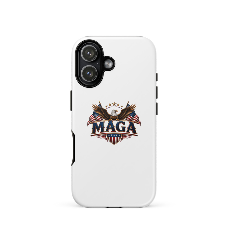White MAGA eagle tough case for iPhone 16 Plus, dual camera cutout