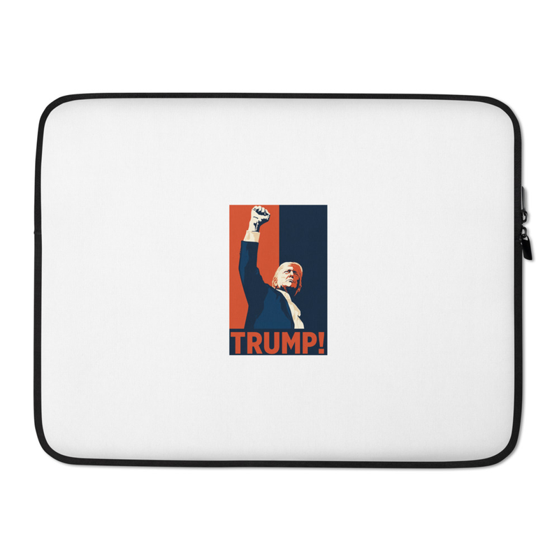 White Trump laptop sleeve, raised-fist Trump poster print with TRUMP! text, front view