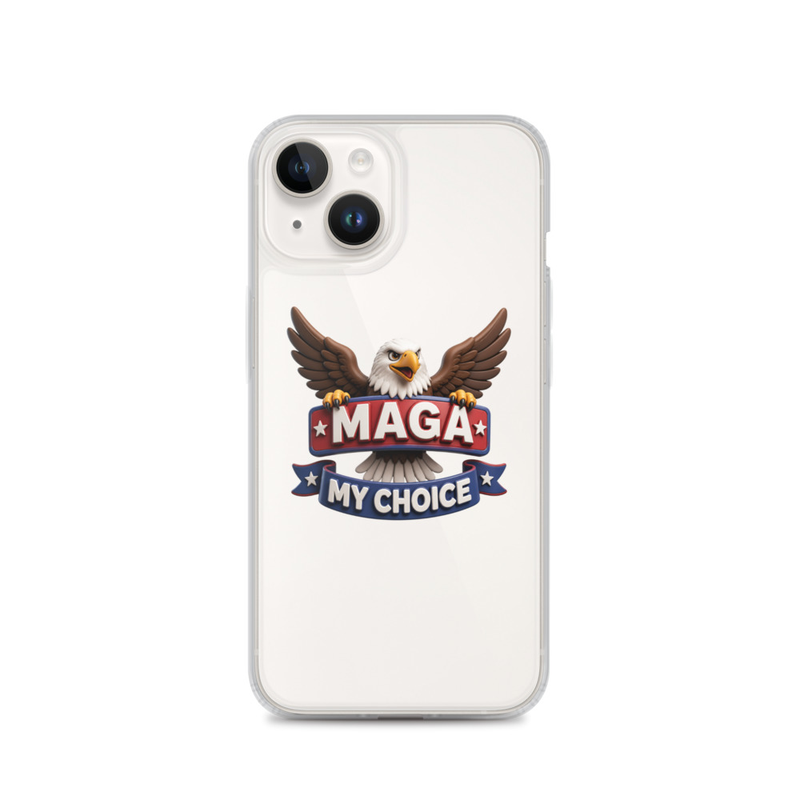 MAGA My Choice clear iPhone case with bald eagle design on a cream iPhone