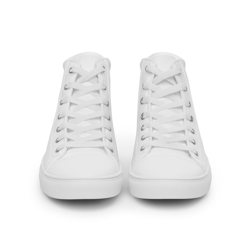 All-white high top canvas sneakers, front view of a laced pair, no visible print