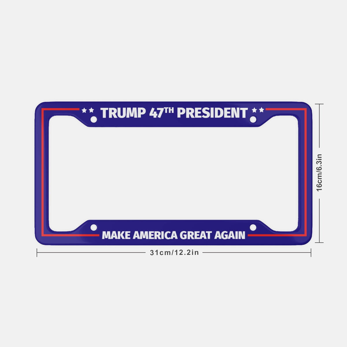 Size chart for Trump 47th President license plate frame, 31cm by 16cm