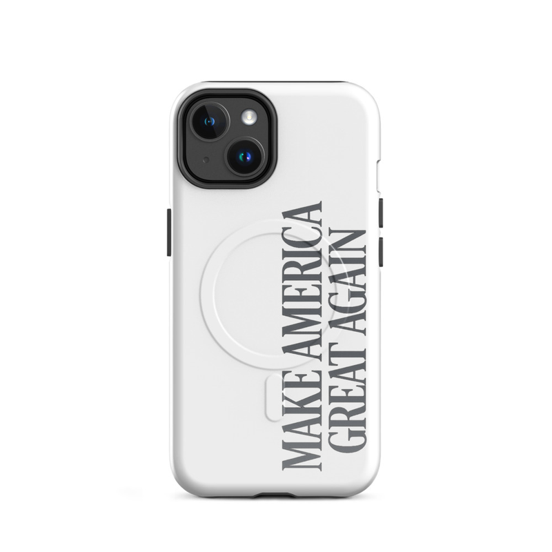 Make America Great Again white MagSafe tough iPhone case, gray vertical MAGA text, dual-camera back