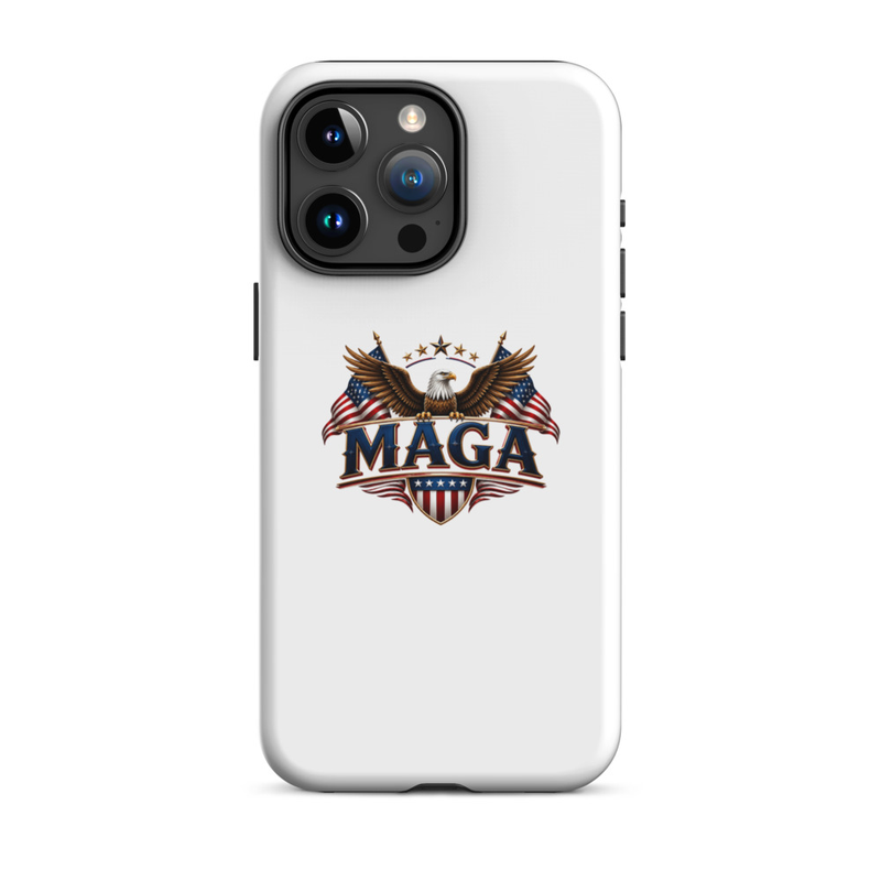 White MAGA eagle tough case for iPhone Pro Max, triple camera cutout