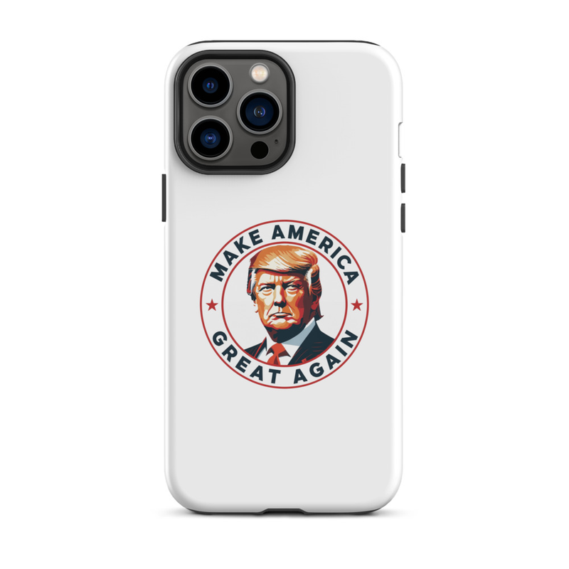 White MAGA Trump America Tough iPhone case, triple-camera iPhone back view
