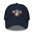 Navy Eagle MAGA dad hat with embroidered MAGA text, bald eagle and stars-and-stripes, front view