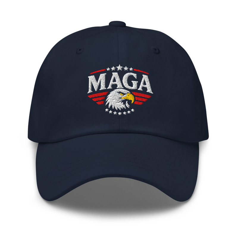 Navy Eagle MAGA dad hat with embroidered MAGA text, bald eagle and stars-and-stripes, front view