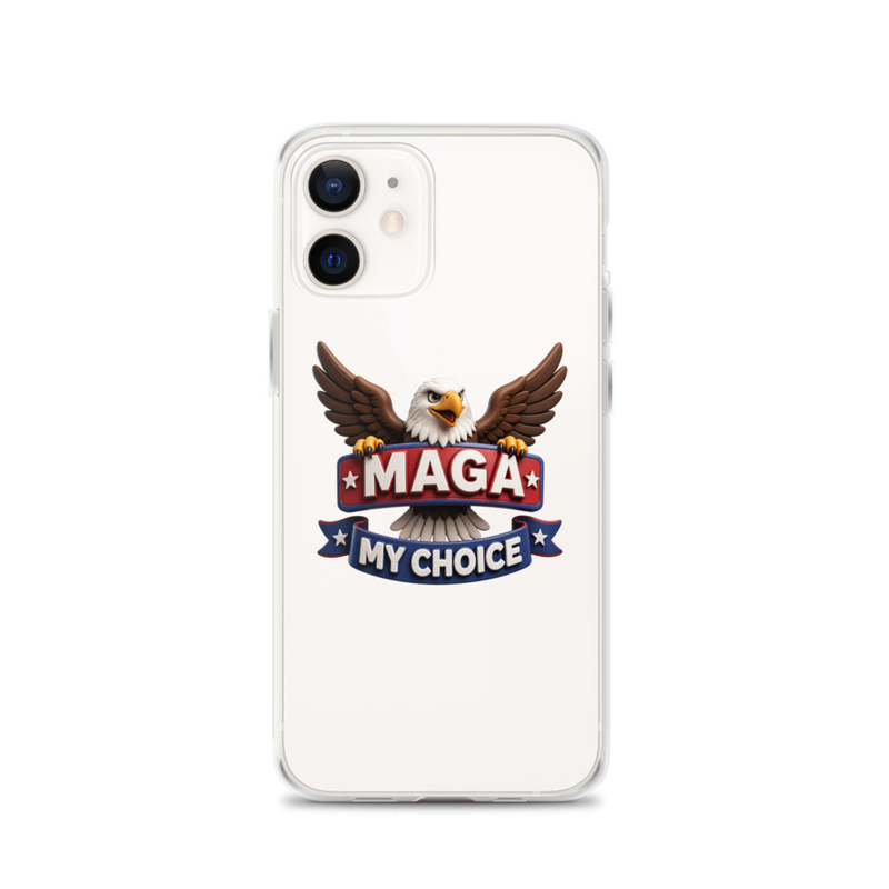 MAGA My Choice clear iPhone case with bald eagle design on a white iPhone