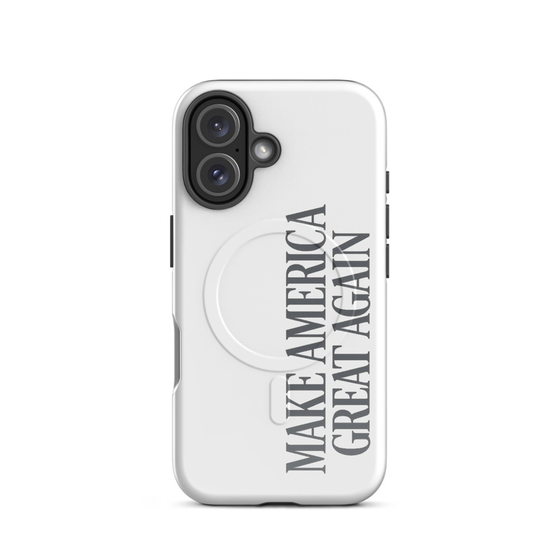 Make America Great Again white MagSafe tough iPhone case, gray text, vertical stacked dual cameras
