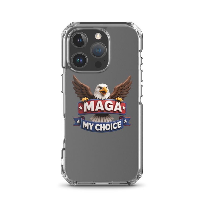 MAGA My Choice clear iPhone case with bald eagle design on a gray iPhone Pro