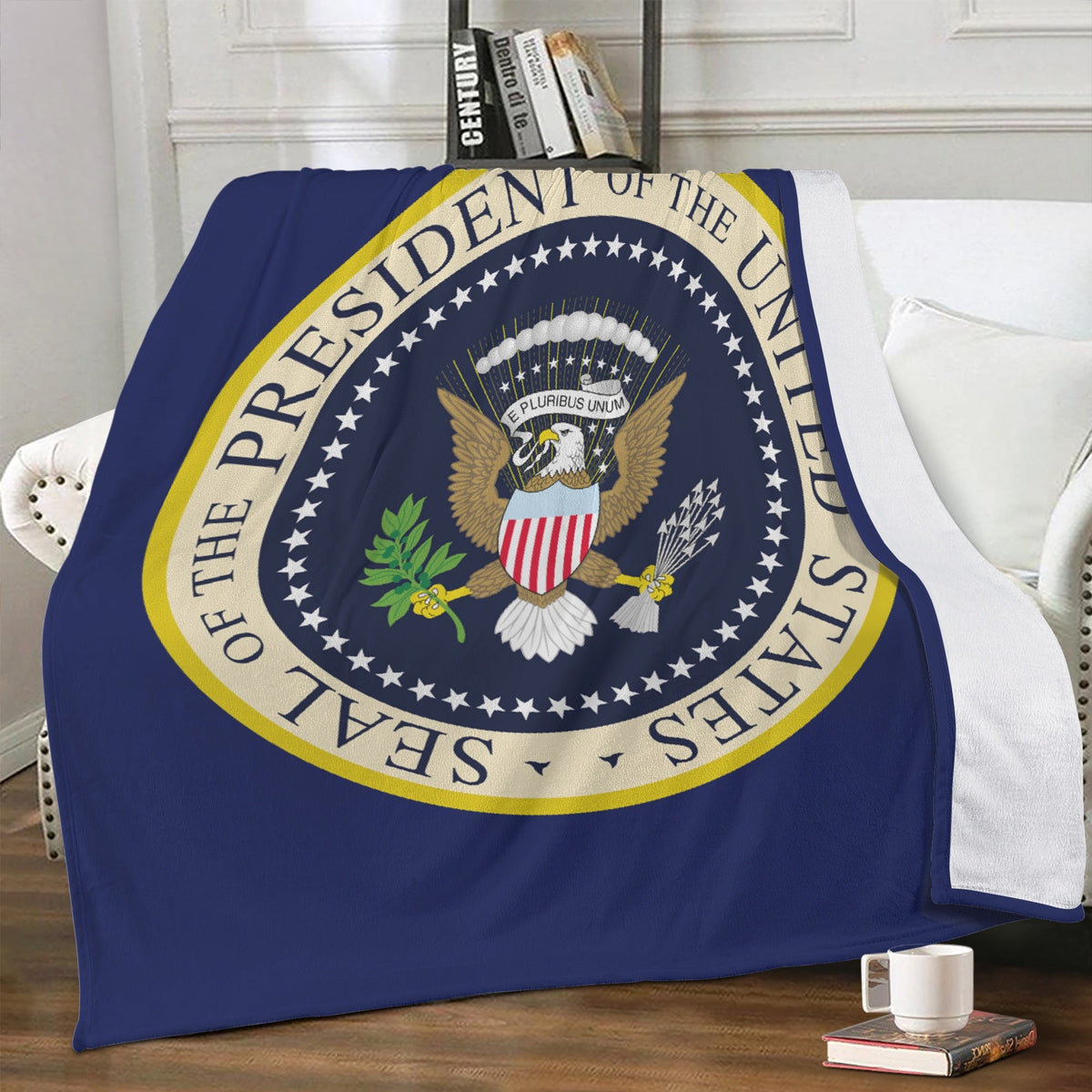 Presidential Seal blanket in navy blue draped over a chair