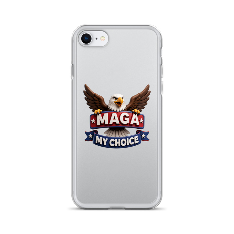 MAGA My Choice clear iPhone case with bald eagle design on a silver iPhone