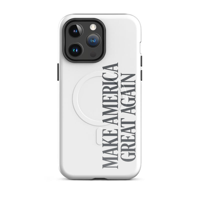 White MAGA MagSafe tough iPhone Pro case, gray Make America Great Again text, triple-camera back