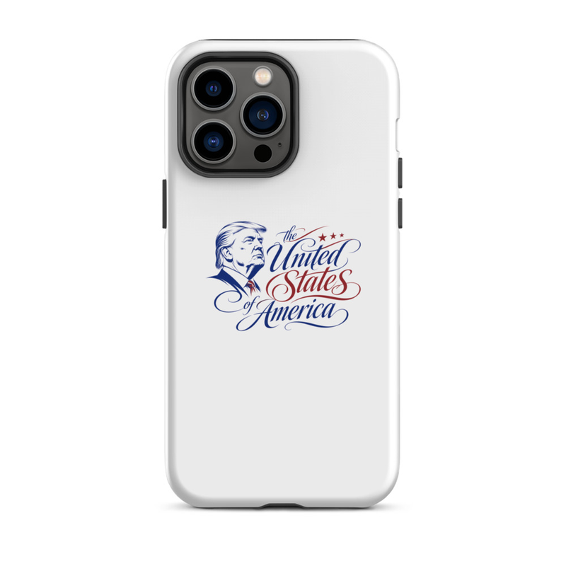 White tough iPhone case with Trump 'The United States of America' design, triple-camera cutout