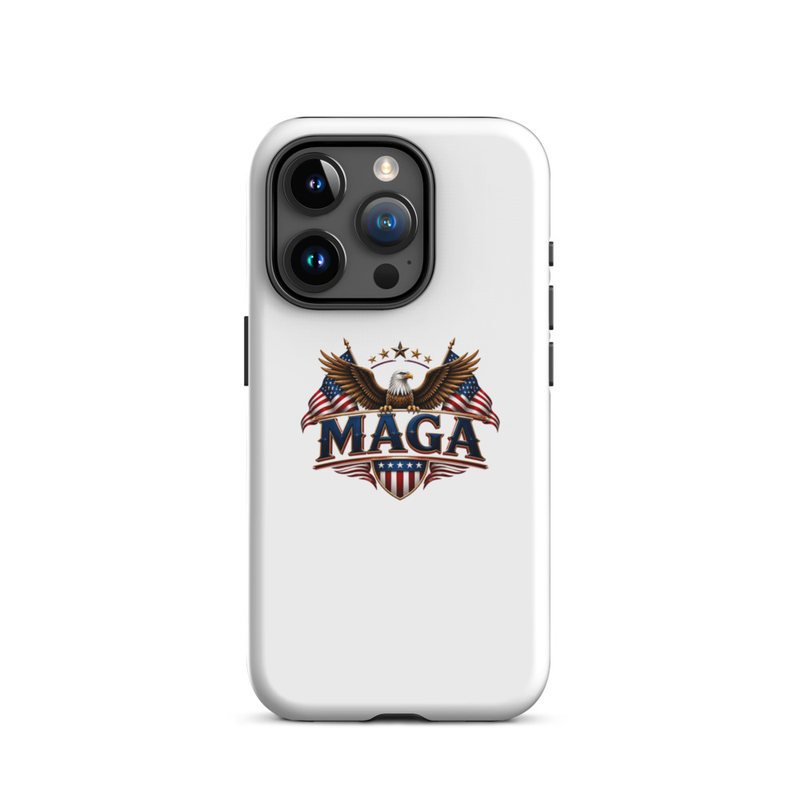 White MAGA eagle tough case for iPhone Pro, triple camera cutout