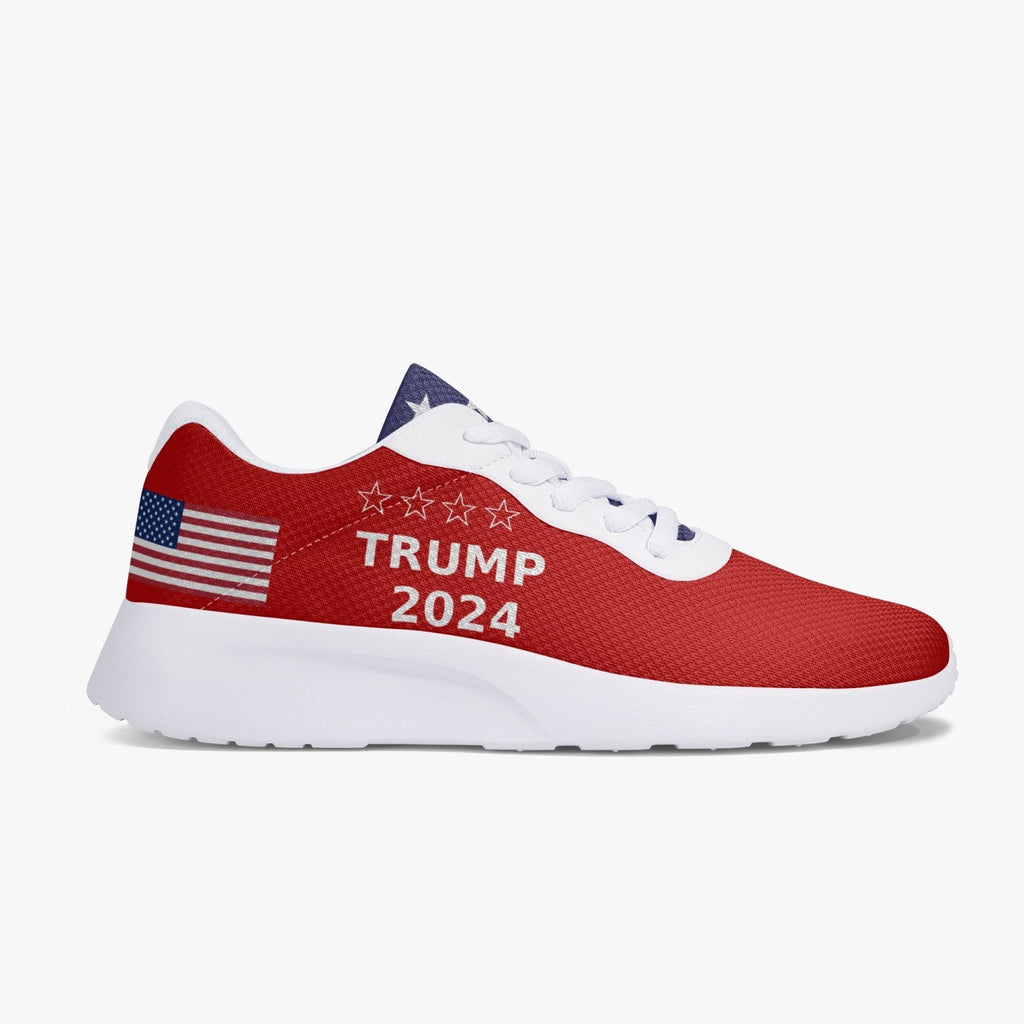 Red Trump 2024 Victory sneaker 47, side view with US flag and stars, white sole
