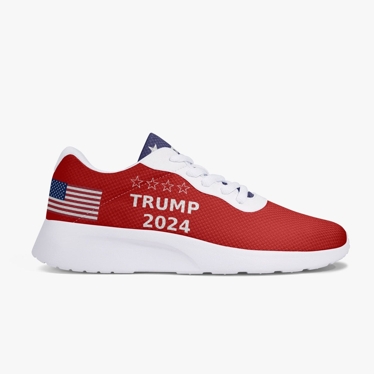 Red Trump 2024 Victory sneaker 47, side view with US flag and stars, white sole