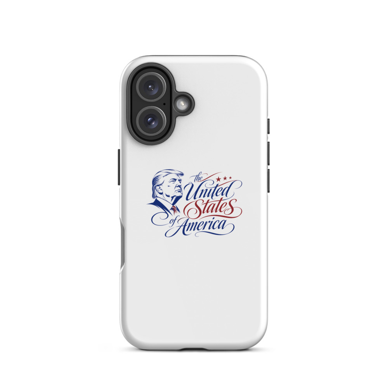 White tough iPhone case with Trump 'The United States of America' design, vertical dual-camera cutout