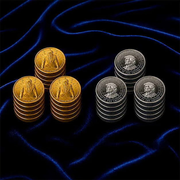 Pyramid stacks of Trump 2026 gold Liberty coins and silver coins on dark blue velvet