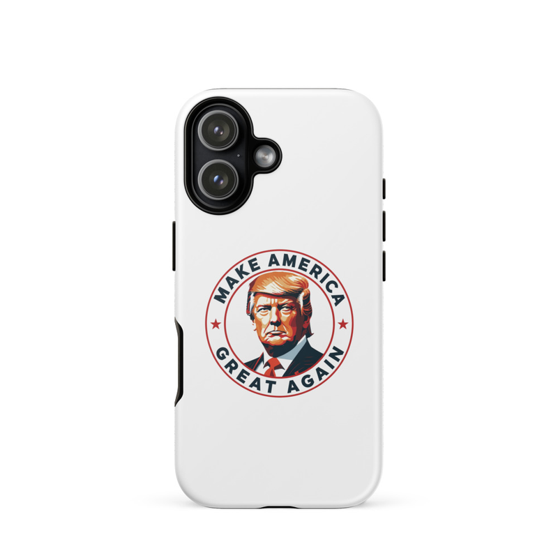 White America Tough iPhone case, Make America Great Again Trump emblem, dual-camera iPhone