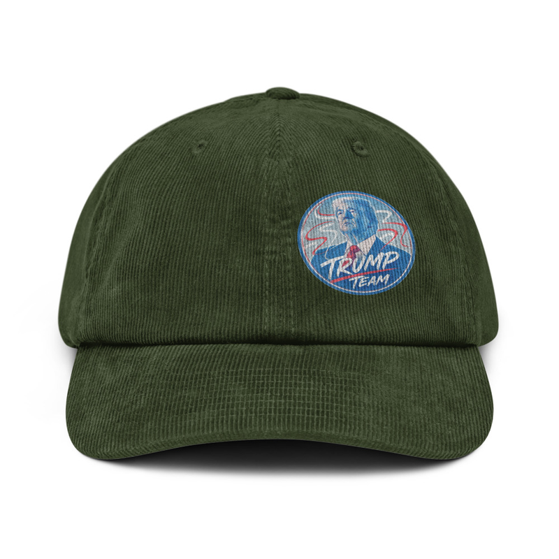Olive green corduroy Trump Team dad hat with embroidered Trump portrait patch