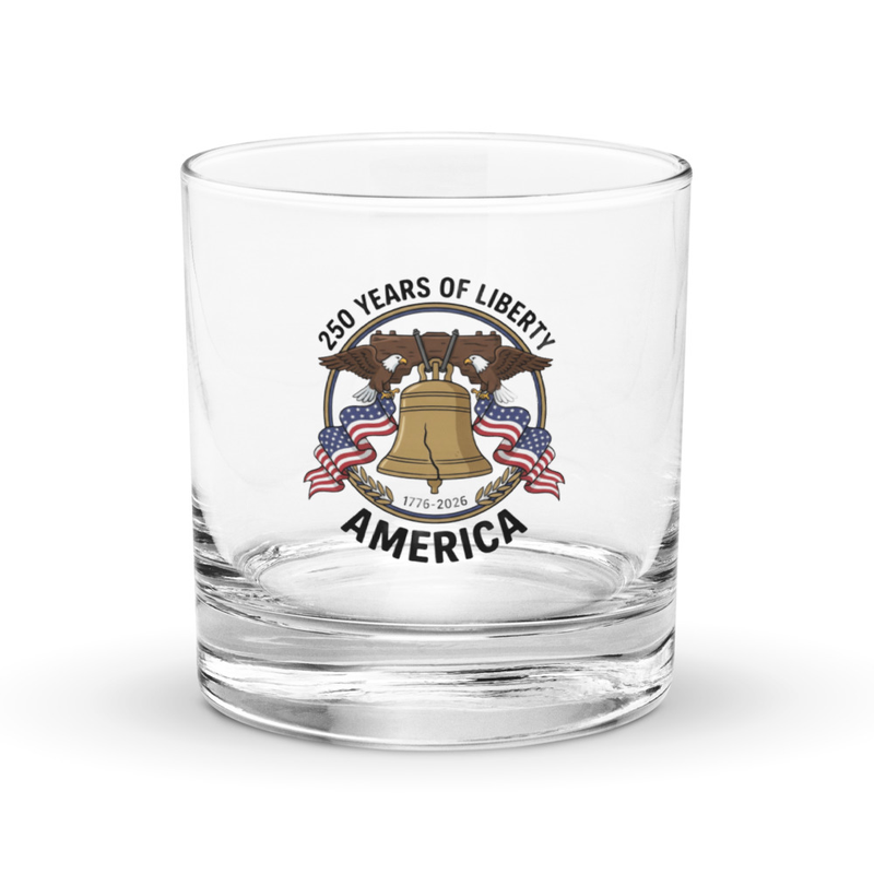 Clear rocks glass with 250 Years of Liberty America Liberty Bell and eagles design