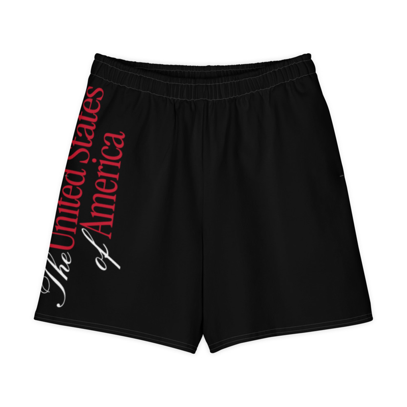 Black unisex cotton long shorts, The United States of America script down left leg