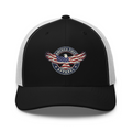 Black and white Old Glory trucker cap with America First Apparel eagle and flag patch, front view