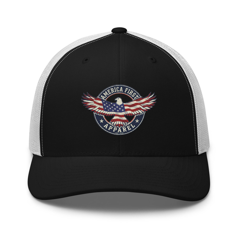 Black and white Old Glory trucker cap with America First Apparel eagle and flag patch, front view