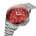 Trump Fight Fight Fight red dial watch with red bezel and steel bracelet, angled view