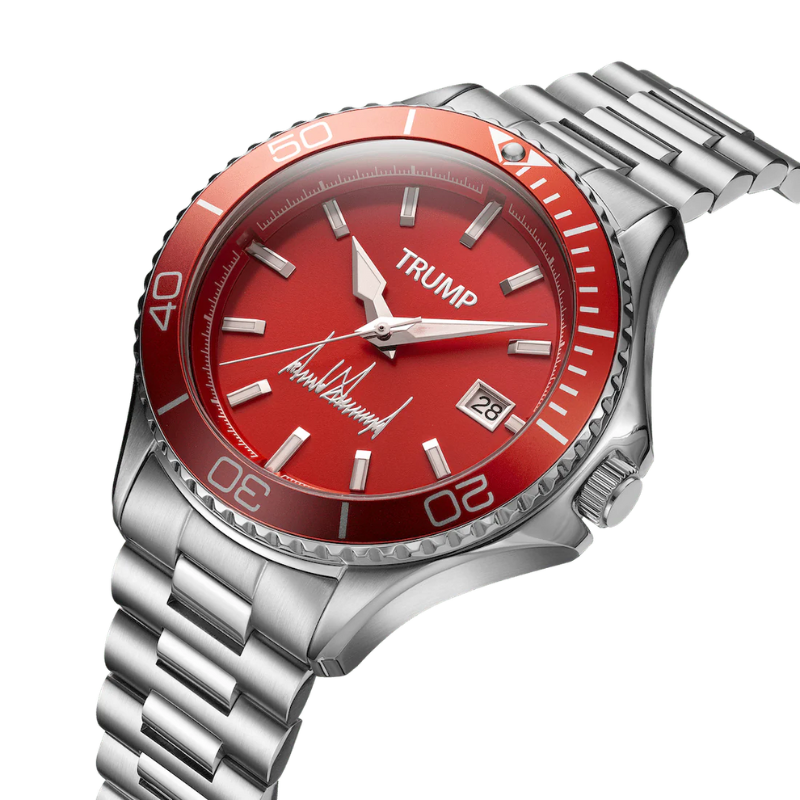 Trump Fight Fight Fight red dial watch with red bezel and steel bracelet, angled view