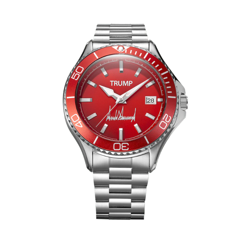Trump red dial watch with red bezel and stainless steel bracelet, front view