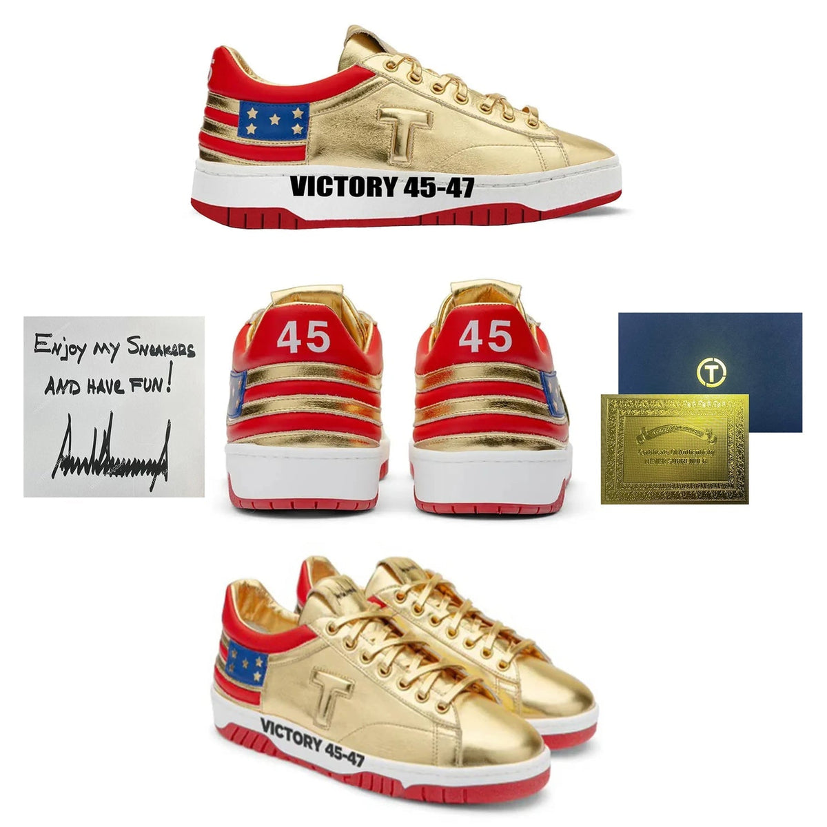 Gold Victory Sneakers views with signed Enjoy my Sneakers card and certificate of authenticity