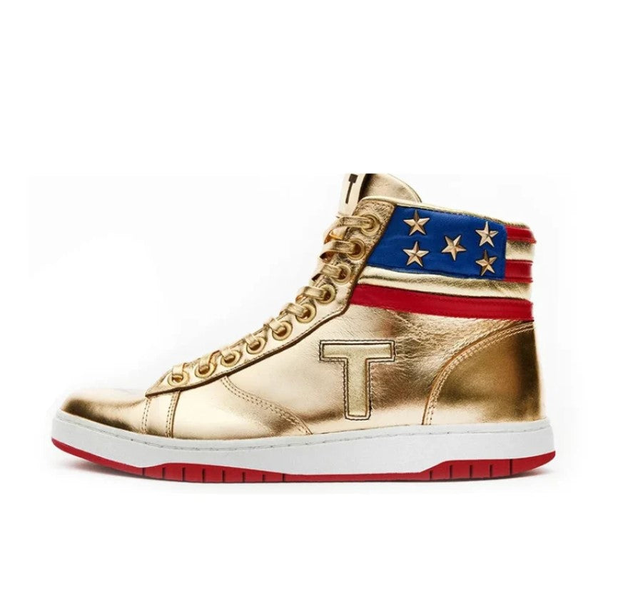 Gold Trump Never Surrender high-top sneaker side profile, flag design, red sole and T logo