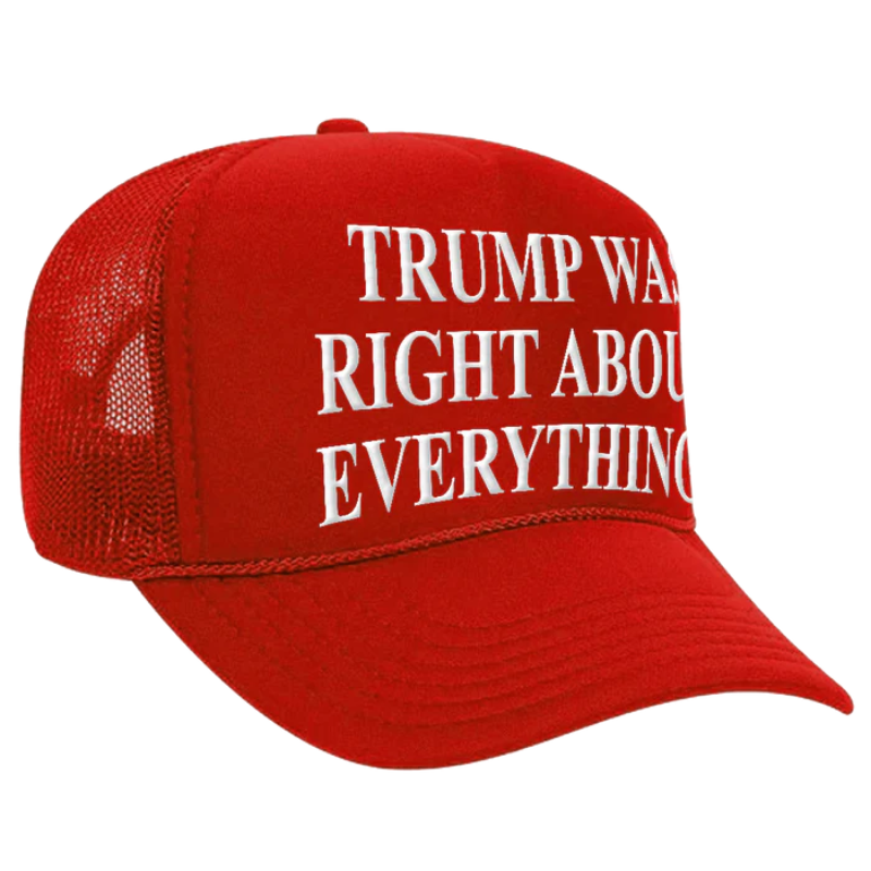 Red Trump Was Right About Everything mesh trucker hat, three-quarter view
