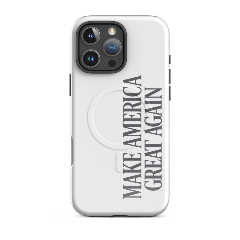 White MAGA MagSafe tough iPhone Pro case, gray Make America Great Again text, triple-camera back