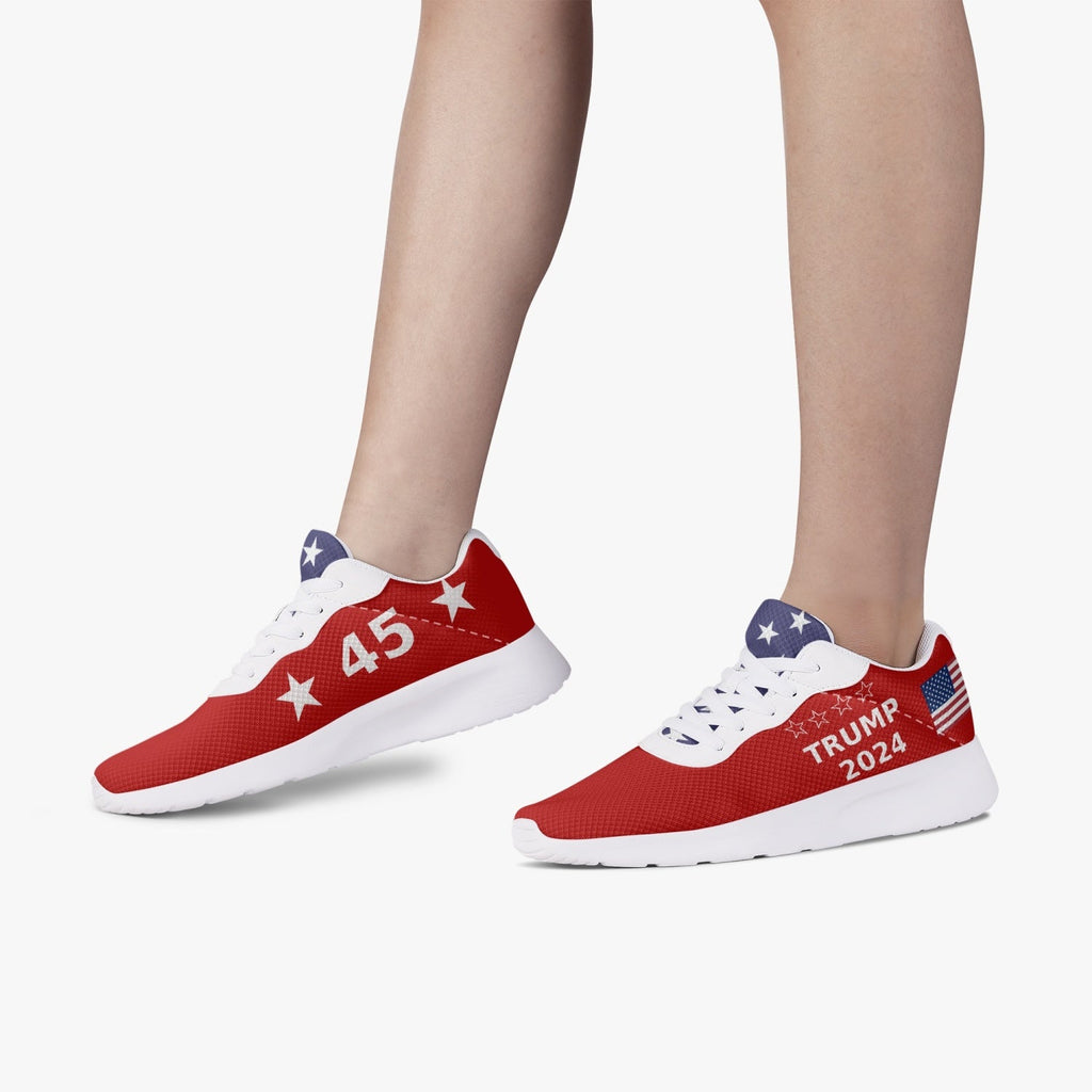 Red Trump Victory sneakers 47 worn, '45' with stars on one shoe and 'Trump 2024' flag on the other