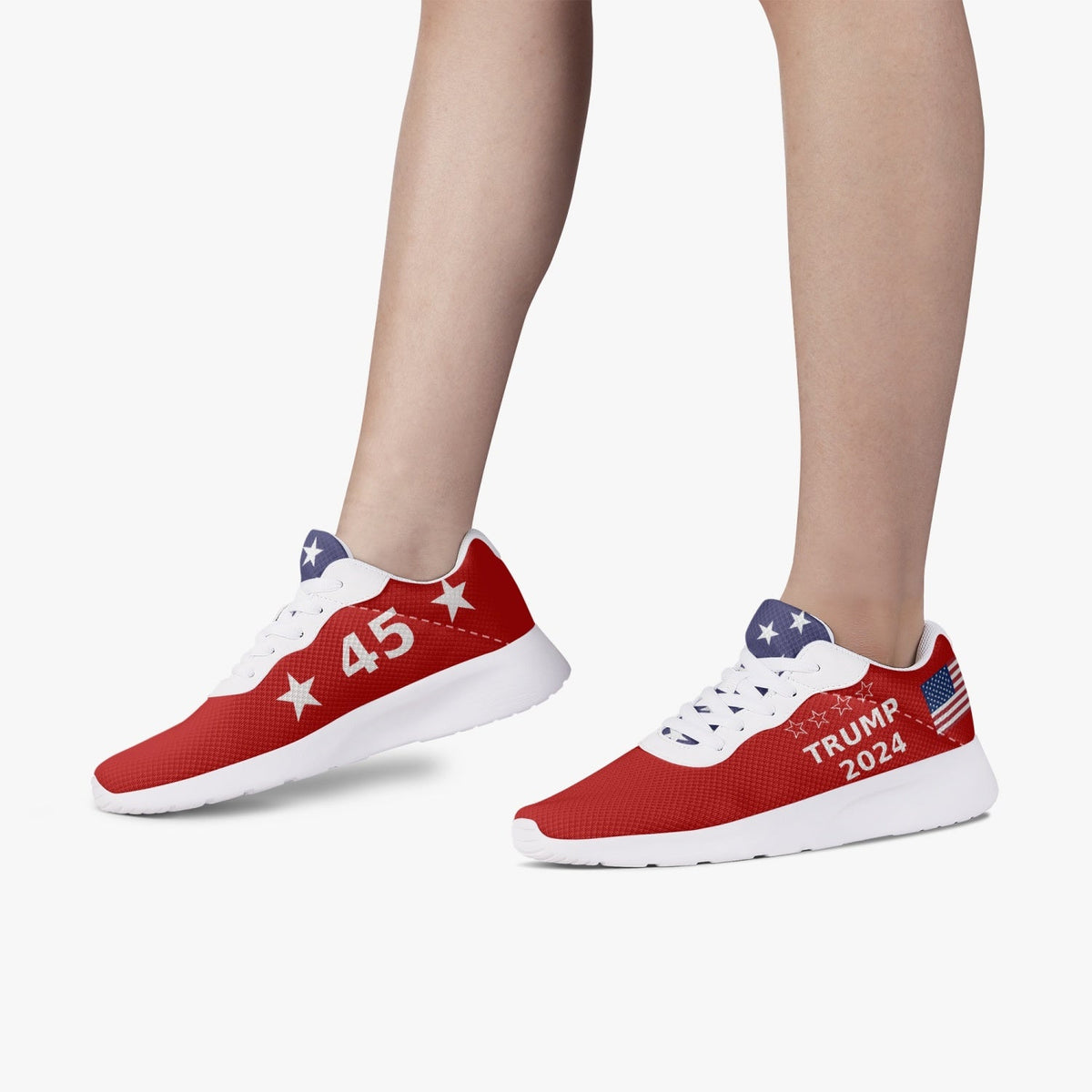 Red Trump Victory sneakers 47 worn, '45' with stars on one shoe and 'Trump 2024' flag on the other
