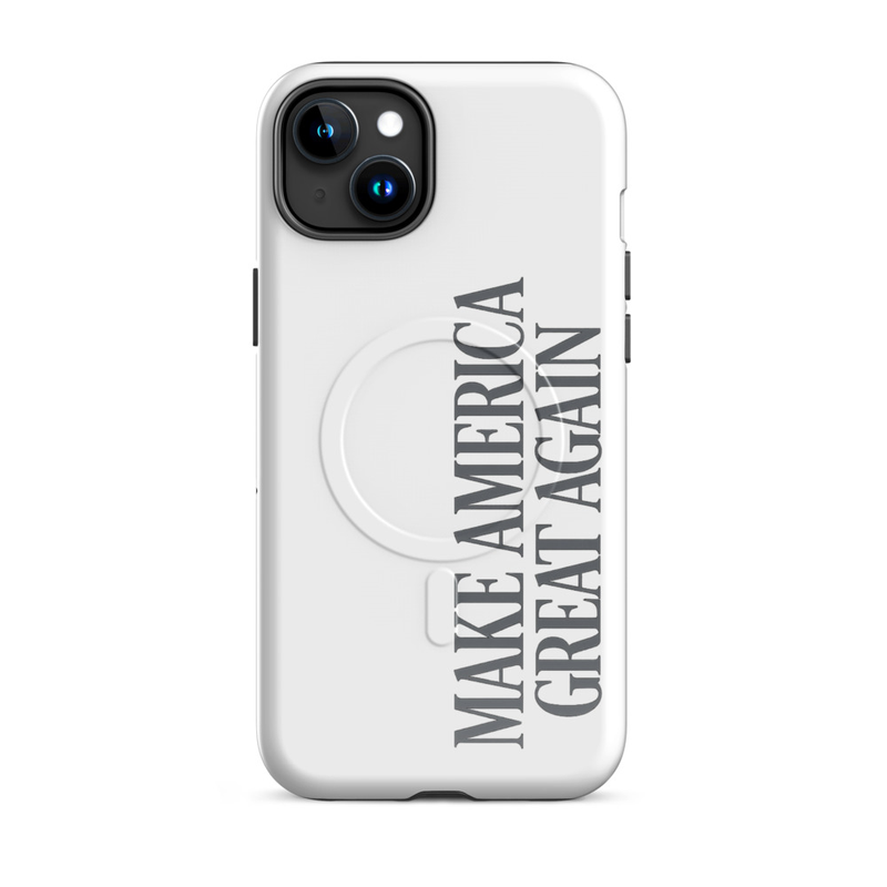 White MAGA MagSafe tough iPhone case with gray Make America Great Again text, dual diagonal cameras