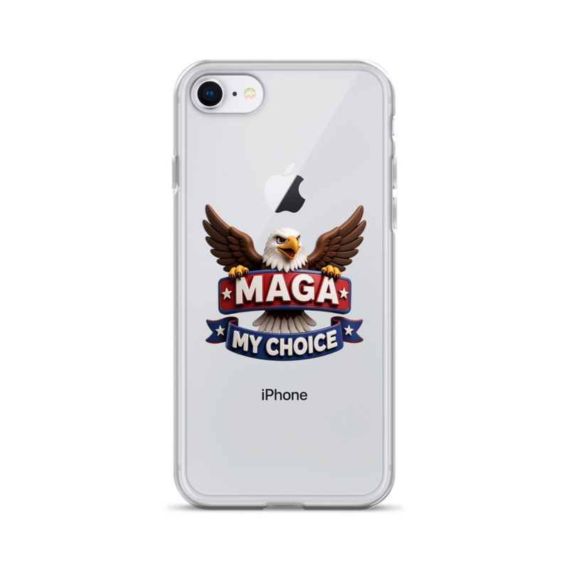 MAGA My Choice clear iPhone case with bald eagle design on a silver iPhone SE