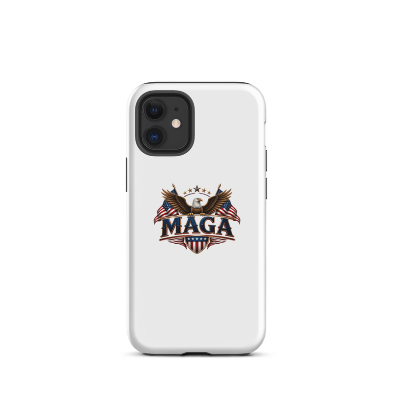 White MAGA eagle tough case for compact iPhone, dual camera cutout