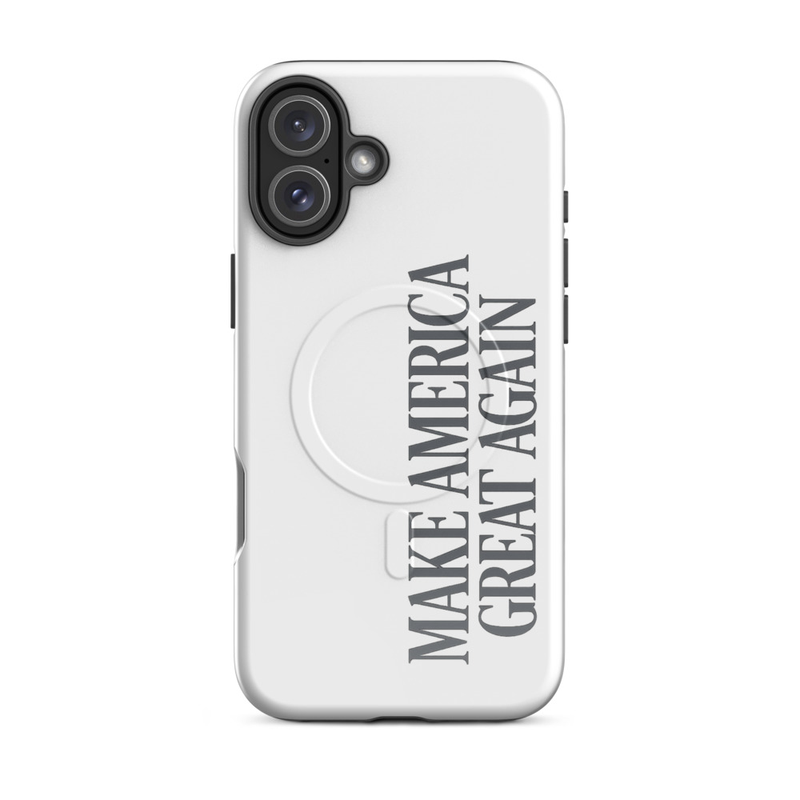 White MAGA MagSafe tough iPhone case with gray Make America Great Again text, stacked dual-camera back