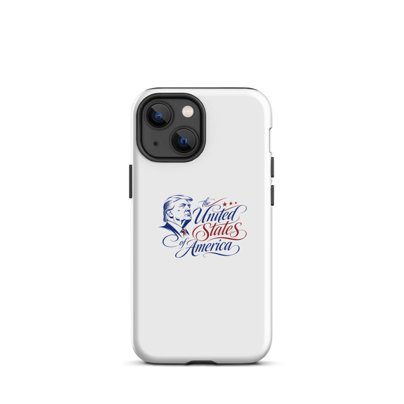 White tough iPhone case with Trump 'The United States of America' design, diagonal dual-camera cutout