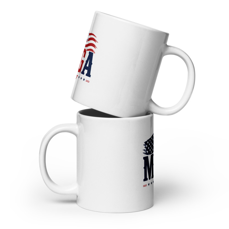 Two white Eagle MAGA glossy mugs stacked showing MAGA flag design and handles