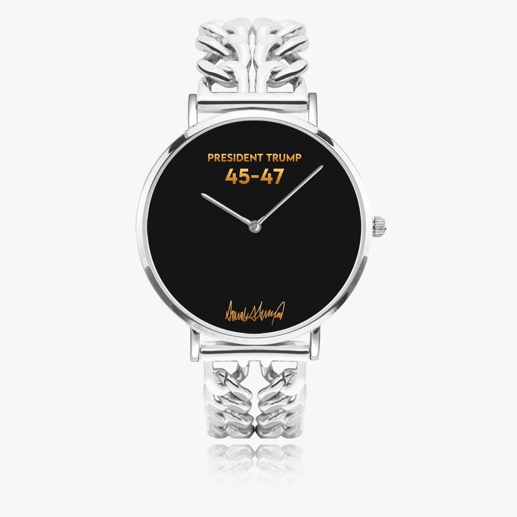President Trump 45-47 silver chain-link strap watch with black dial, front view