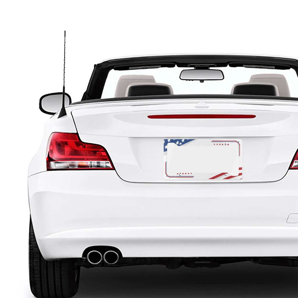 USA flag license plate frame mounted on the rear of a white convertible car