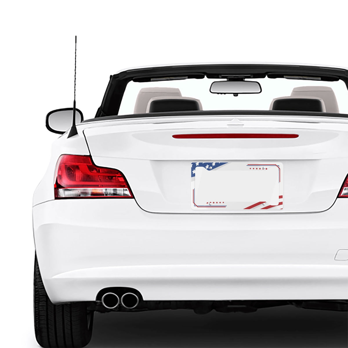 USA flag license plate frame mounted on the rear of a white convertible car