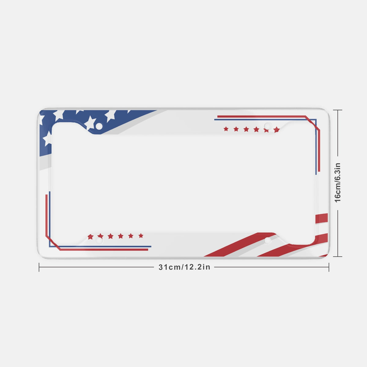 Size chart for Love USA license plate frame, 31cm by 16cm with American flag design