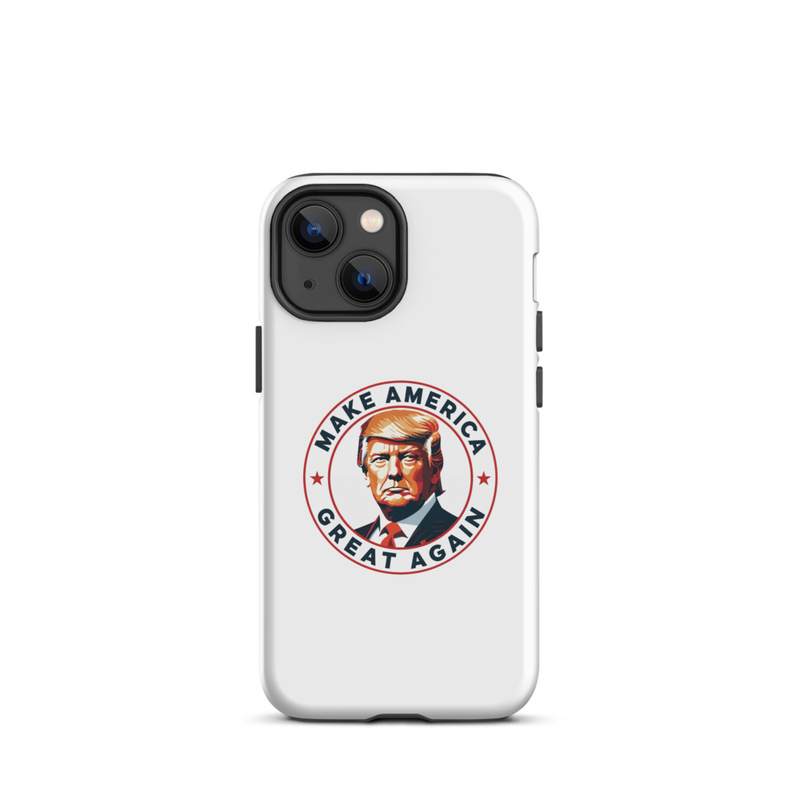 White America Tough iPhone case, Make America Great Again Trump emblem, dual-camera iPhone